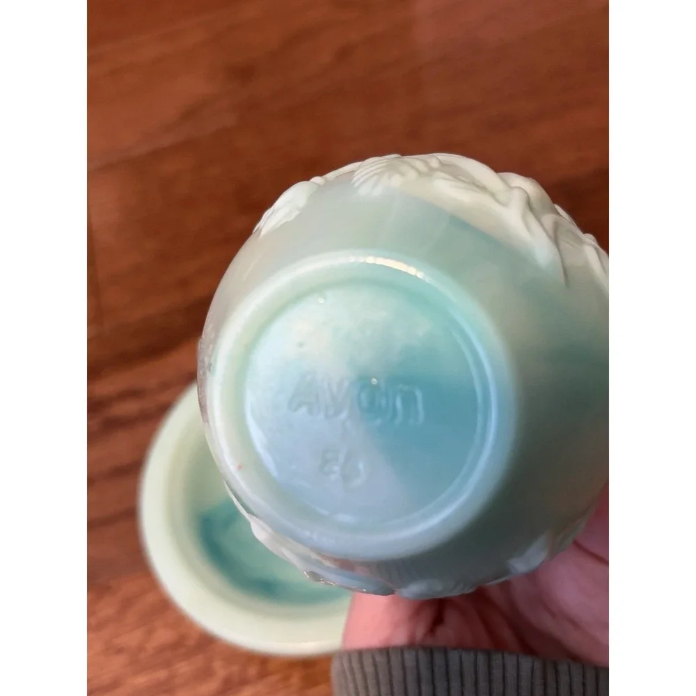 Vintage Avon Green/blue Victorian Slag Glass Rose Bath Oil‎ Pitcher & Basin Bowl